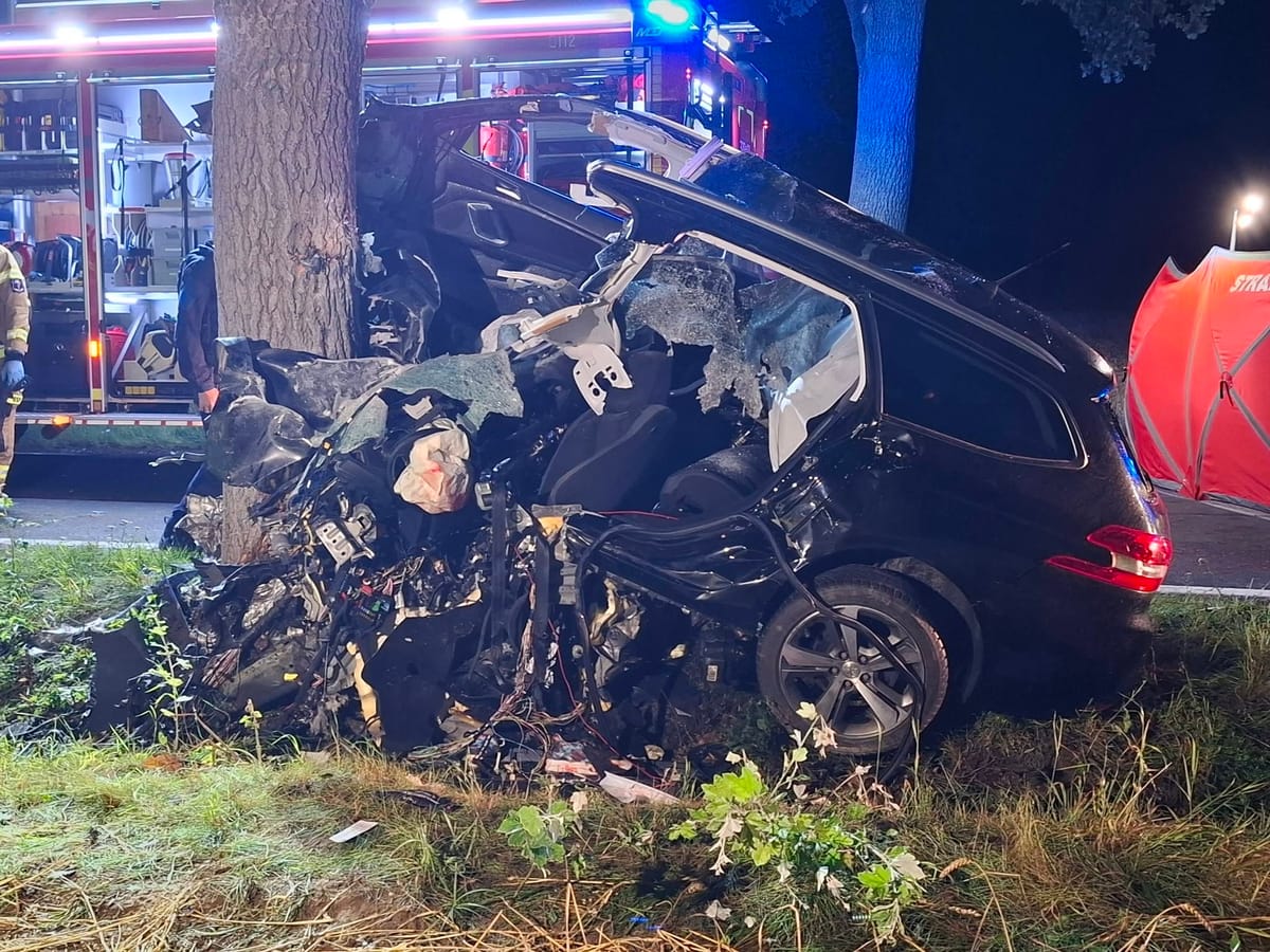 Tragiczny wypadek pod Śremem. Auto tak wbiło się w drzewo, że nie można było go oderwać. Służby opublikowały nagrania i zdjęcia Zdjęcie główne wpisu