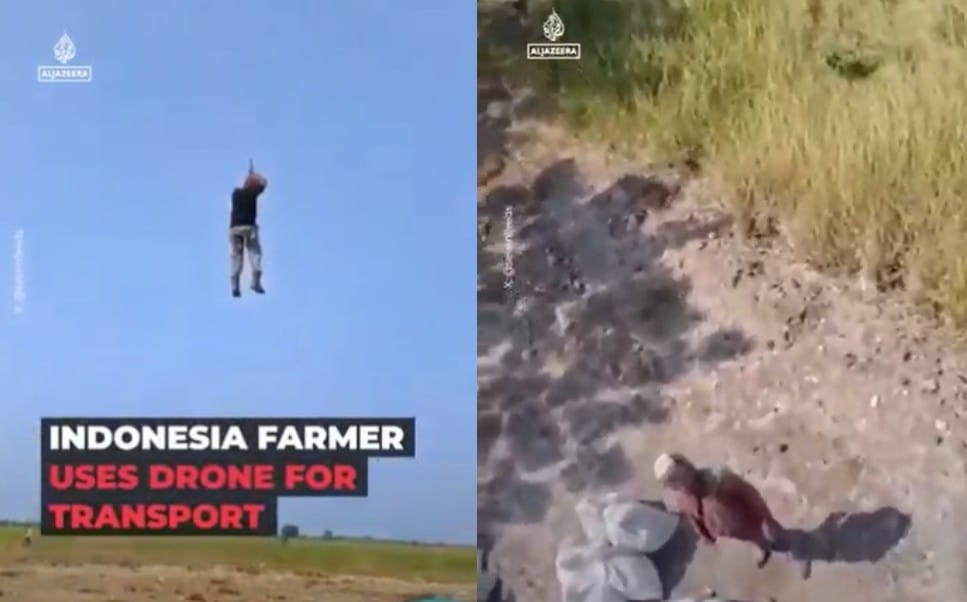 Rolnik z Indonezji zawisł pod wielkim dronem i przeleciał 1,5 kilometra nad polami. Nagranie obiegło świat Zdjęcie główne wpisu