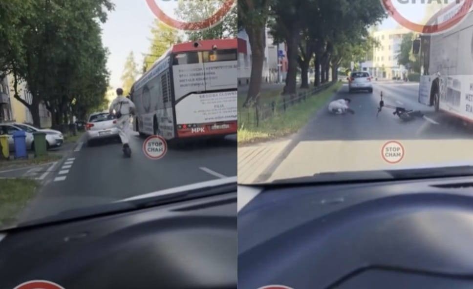 Młody o mało nie wpadł pod autobus po tym jak wywrócił się jadąc środkiem drogi na hulajnodze Zdjęcie główne wpisu