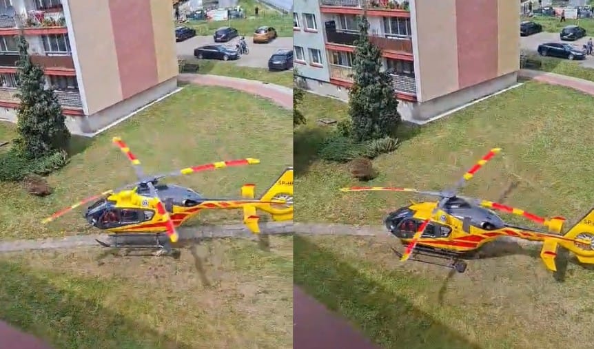 Spektakularne lądowanie helikoptera LPR na trawniku między blokami w Miastku Zdjęcie wpisu