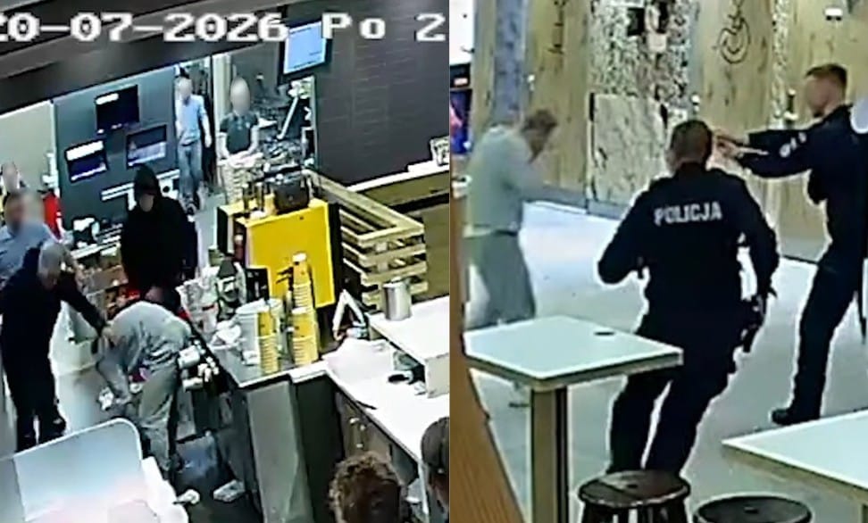 Wbiegli to restauracji i zaczęli go kopać za ladą. Na miejscu momentalnie pojawiła się policja. Opublikowano nagranie z monitoringu Zdjęcie wpisu