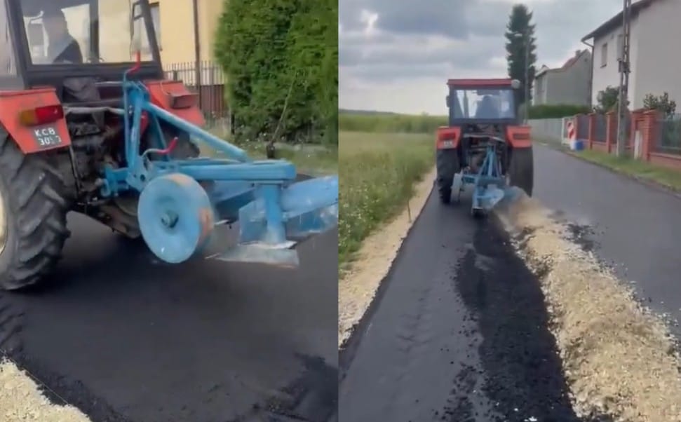 Rolnik zaorał świeżo położony asfalt. Konflikt trwa już 30 lat. Nagranie hitem internetu Zdjęcie wpisu