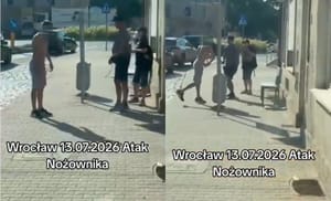 Półnagi mężczyzna latał z nożem po ulicy i groził przechodniom. 38-latek zatrzymany, musiał wytrzeźwieć do przesłuchania Zdjęcie główne wpisu