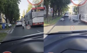 Młody o mało nie wpadł pod autobus po tym jak wywrócił się jadąc środkiem drogi na hulajnodze