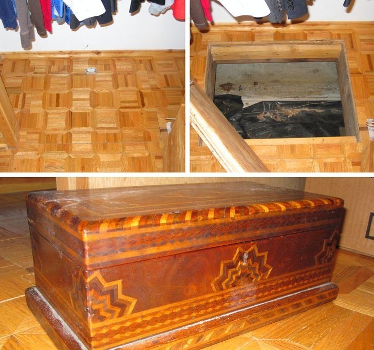 10. "Żona i ja kupiliśmy dom. Gdy zaczęliśmy przeprowadzkę, żona zauważyła otwierany panel w podłodze. Znaleźliśmy pod nim tę drewnianą skrzynię."