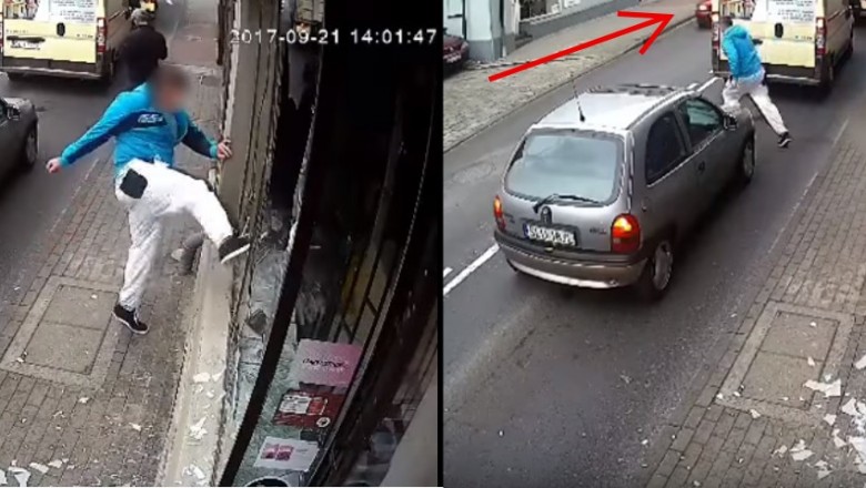 Chuligan wybija szybę w sklepowej witrynie i grozi przechodniom! Chwile później spotka go bolesna kara!
