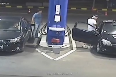 Seba z kiepem na stacji benzynowej kontra pracownik z gaśnicą. Długo się nie zastanawiał