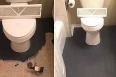 Nie mogła już patrzeć na stare płytki więc pomalowała podłogę na czarno. Gdy zobaczyłam efekt końcowy WOW