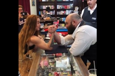 Dziewczyna kontra ogromny typ i ich siłowanie na rękę