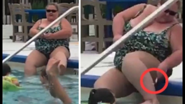 Kiedy all inclusive wejdzie za mocno. Kobieta goli nogi w hotelowym basenie z dziećmi