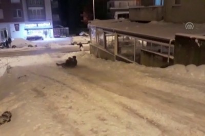 Grupowy zjazd z górki na sankach kontra nadjeżdżające auto