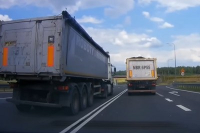 Pirat drogowy w ciężarówce wyprzedza na czołówkę - nagranie