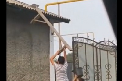 Ratowanie kota na dachu za pomocą wiadra i ławki przez dwóch chłopców